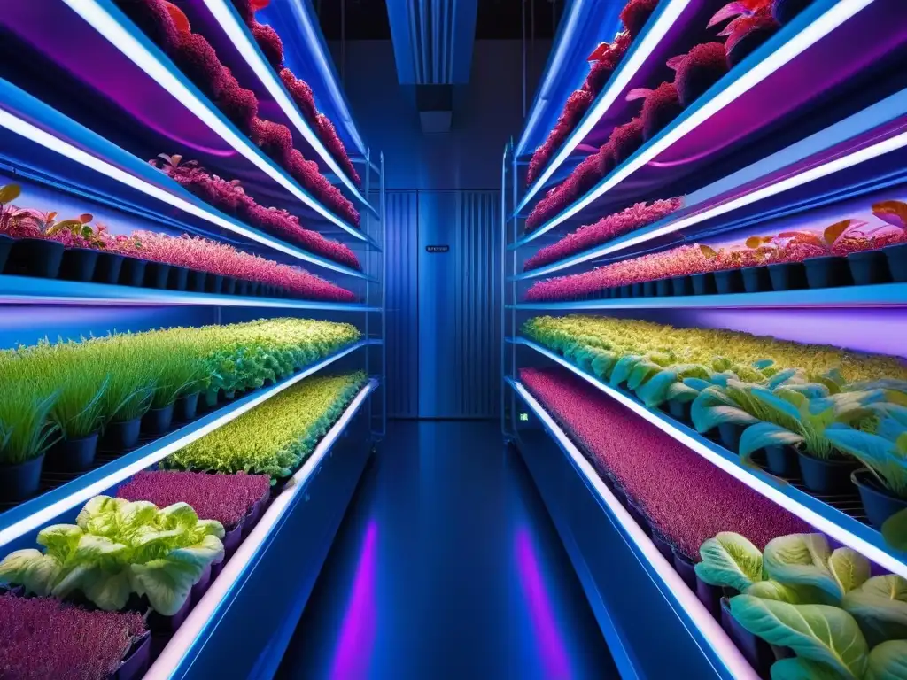 Una granja vertical futurista llena de plantas verdes bajo luces LED púrpuras, muestra innovaciones en agricultura sostenible para cocina vegana