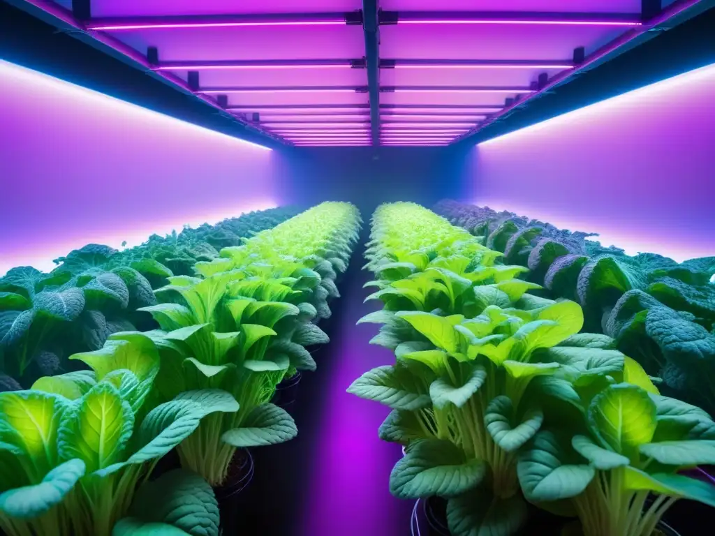 Una granja vertical futurista llena de vegetales verdes vibrantes bajo luces LED moradas, mostrando tecnología avanzada en producción de proteínas vegetales revolucionarias veganas