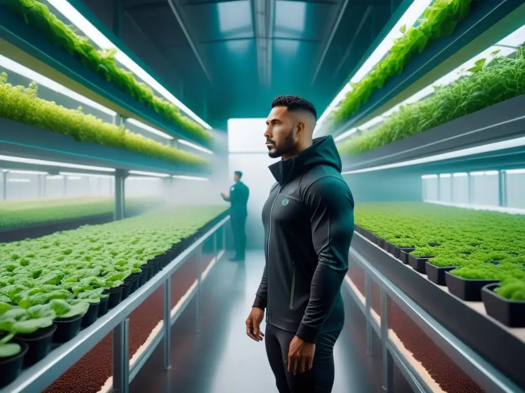 Una granja vertical futurista llena de fuentes de proteína vegetal alternativas como quinoa, lentejas, garbanzos y algas, bañada en luz natural