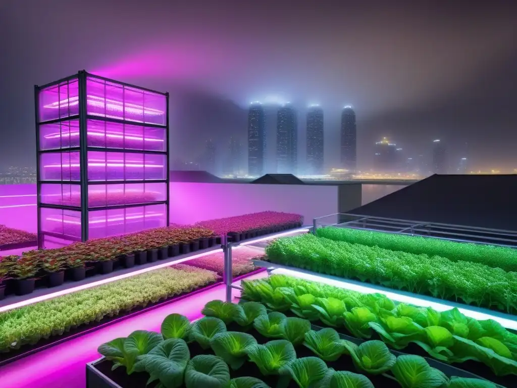 Una granja vertical futurista con plantas verdes vibrantes iluminadas por luces LED rosadas, destacando en una ciudad atareada al atardecer