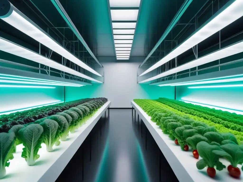 Una granja vertical futurista con tecnología en alimentación vegana: científicos supervisan cultivos de lechuga, kale y tomates bajo luces LED