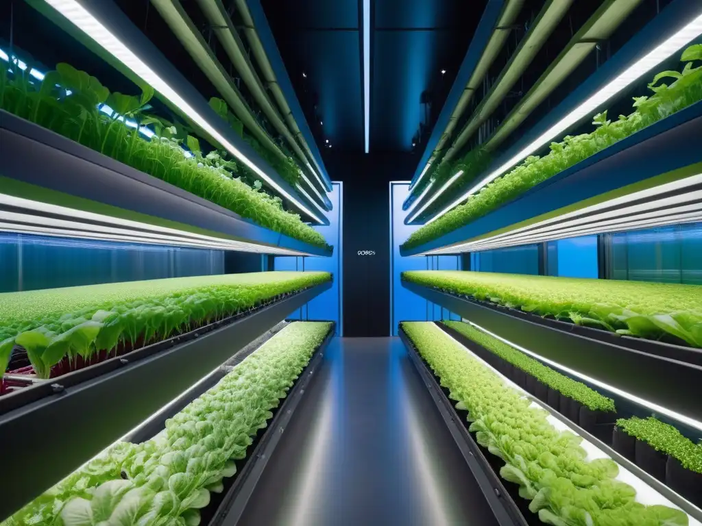 Una granja vertical futurista con tecnología en alimentación vegana: cultivos verdes, robots y pantallas digitales