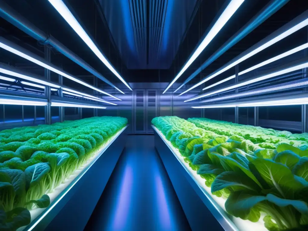 Una granja vertical innovadora con tecnología en alimentos veganos innovadores: plantas verdes bajo luces LED en un entorno futurista y automatizado