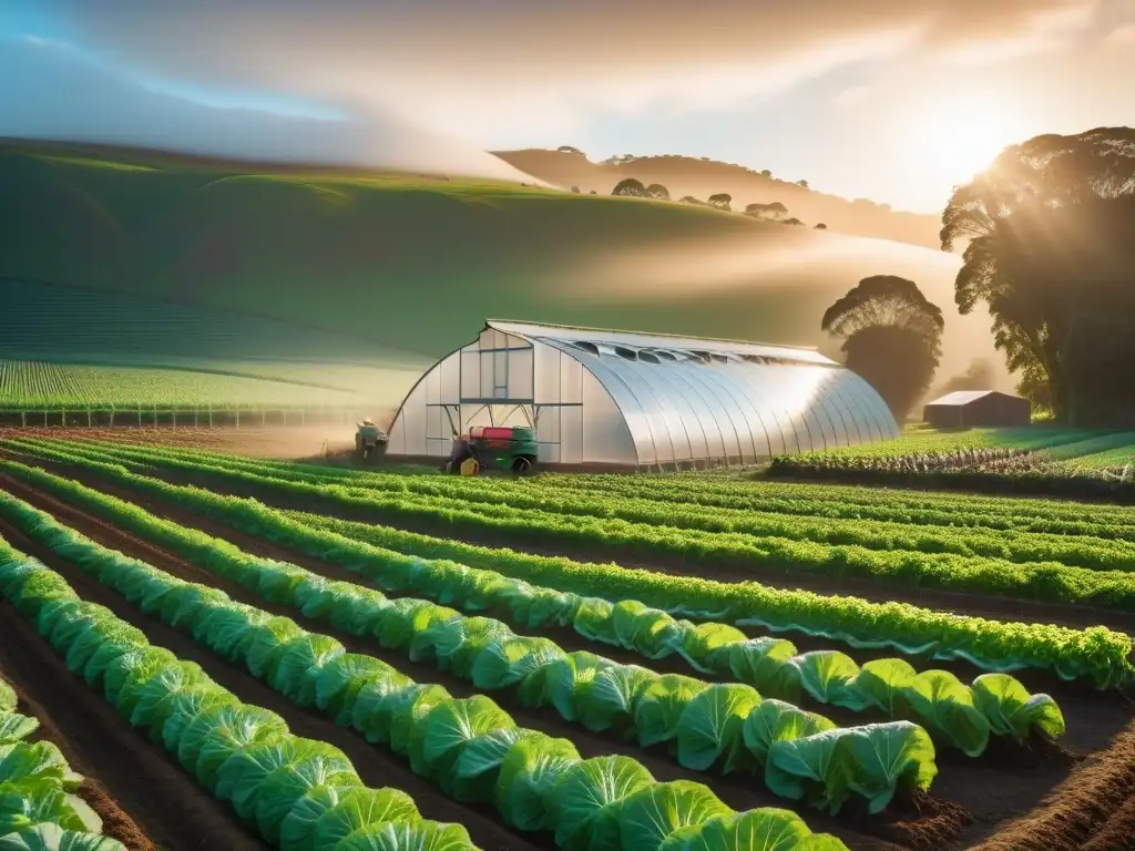 Granjas veganas en Oceanía: Una granja verde exuberante con vegetales orgánicos, un agricultor cosechando y gallinas felices al atardecer