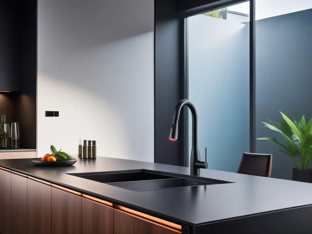 Grifo de cocina vegana moderno en negro mate con tecnología touchless y luces LED, en un entorno de cocina moderna y vegetal