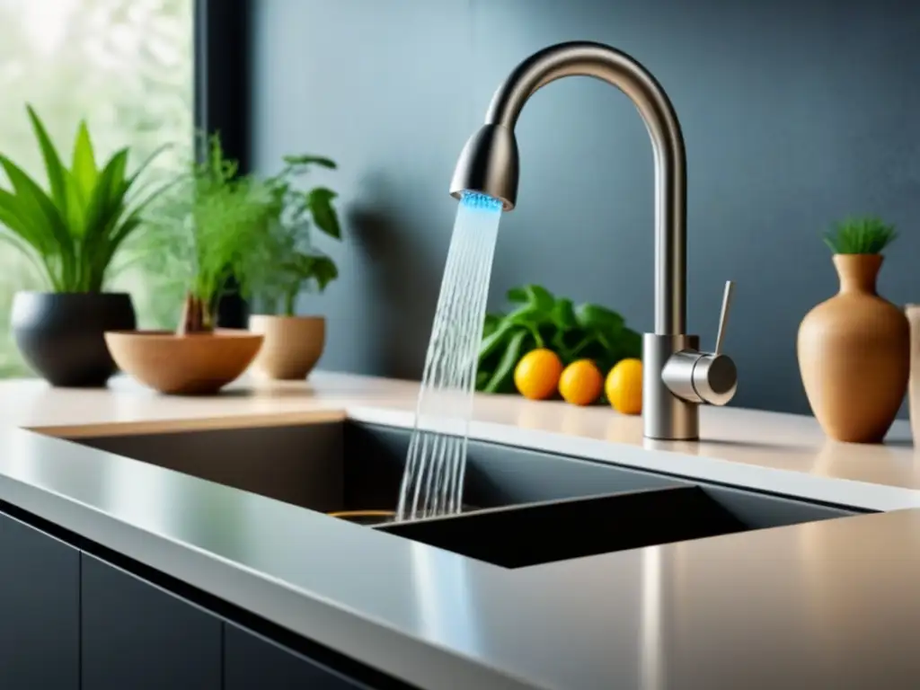 Un grifo futurista y elegante en una cocina vegana con tecnologías sostenibles para reducir el consumo de agua