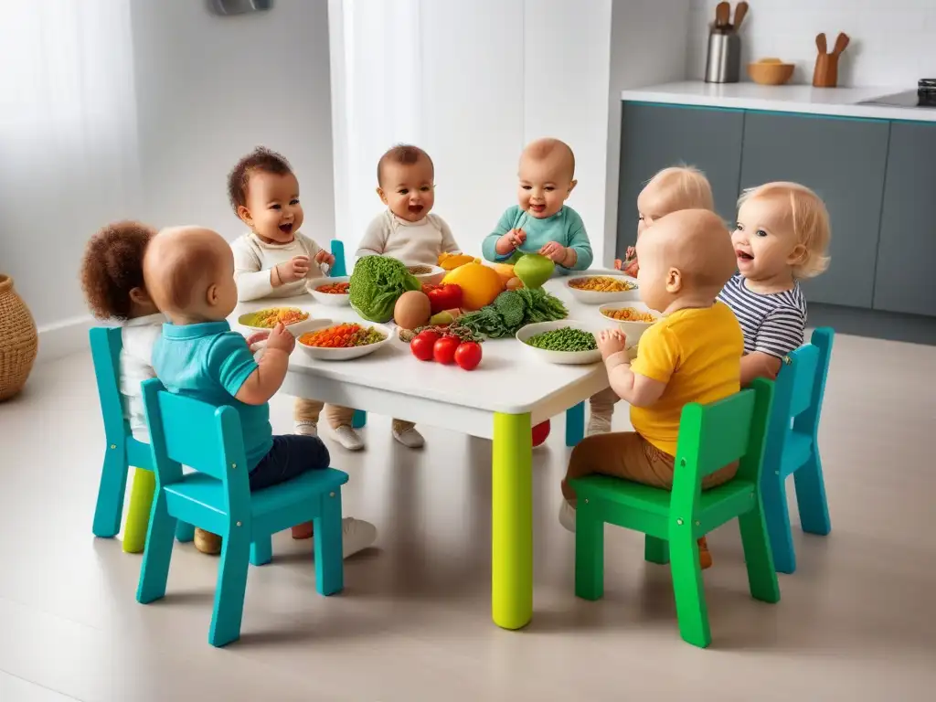 Un grupo alegre de bebés veganos exploran alimentos sólidos en una cocina luminosa y moderna