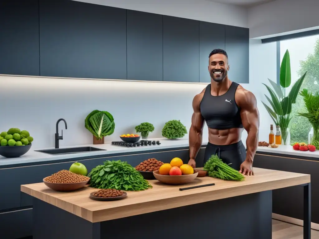 Grupo de atletas fuertes y sonrientes disfrutando de comidas veganas en una cocina moderna, demostrando los beneficios del veganismo en deportistas