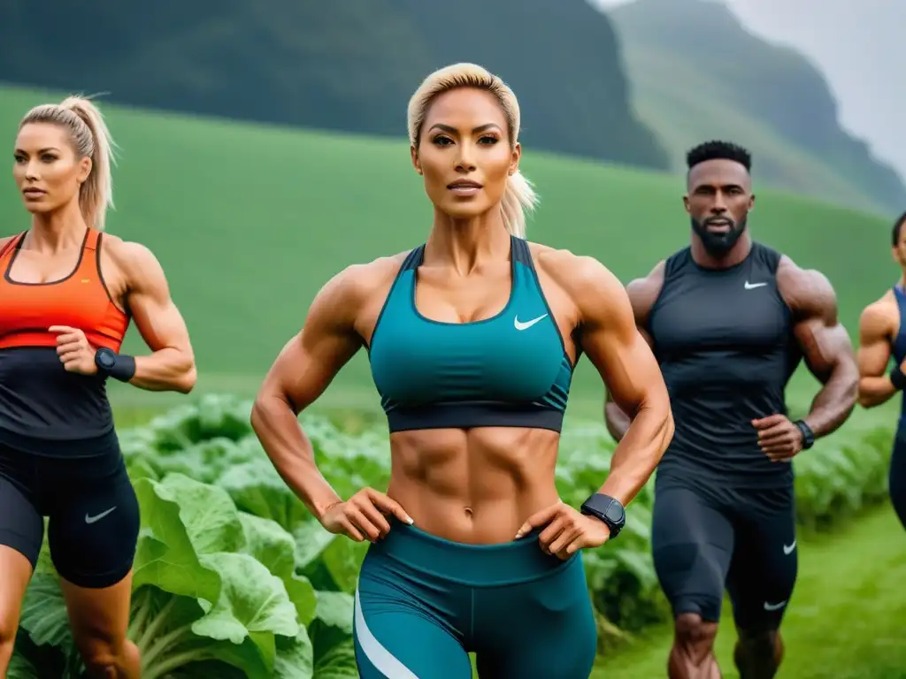 Un grupo de atletas musculosos, hombres y mujeres, practican deportes en un campo verde bajo el sol, sosteniendo frutas y verduras