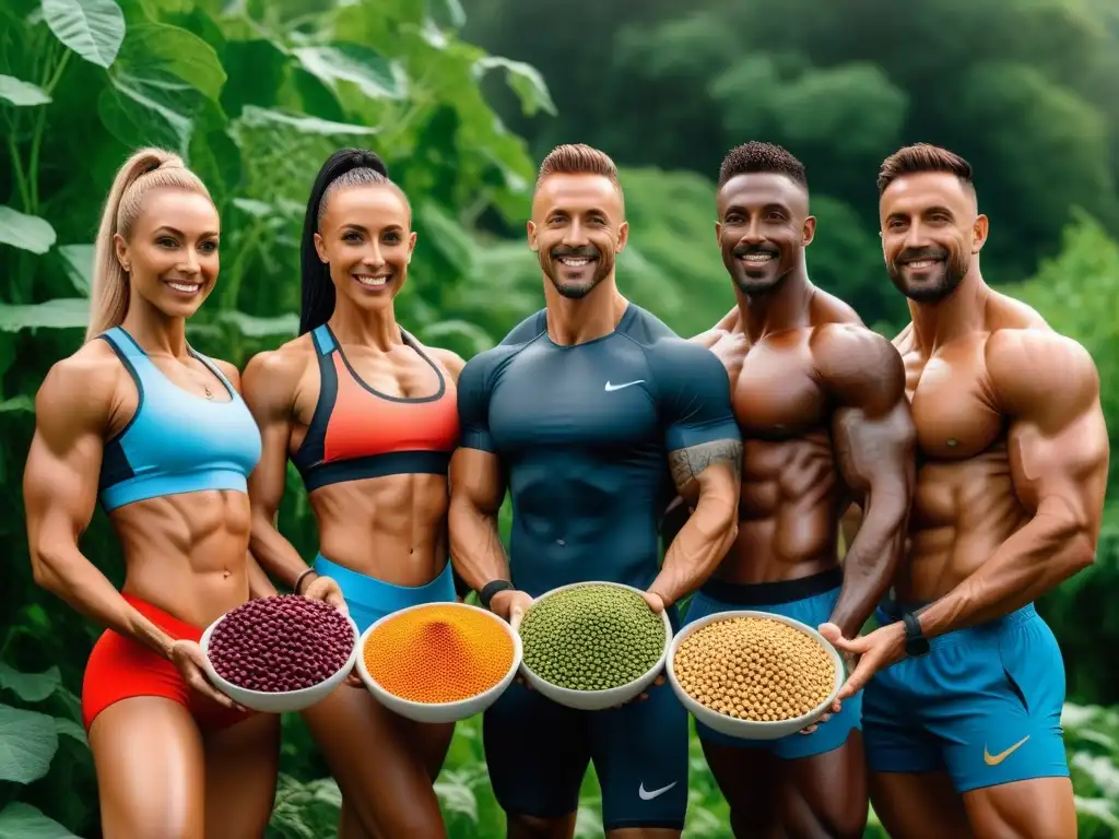 Un grupo de atletas veganos exhiben sus cuerpos musculosos, sosteniendo legumbres coloridas