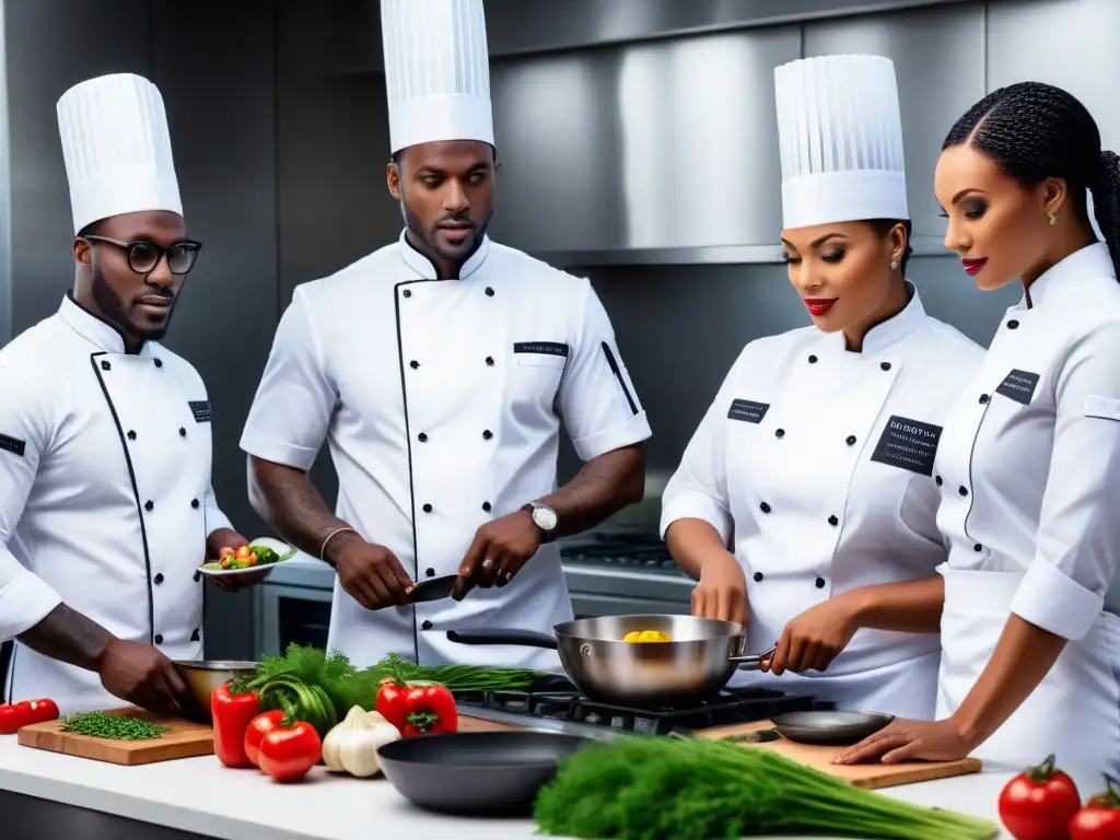 Un grupo de Chefs africanos líderes en cocina vegana, preparando platos innovadores en una cocina moderna y vibrante