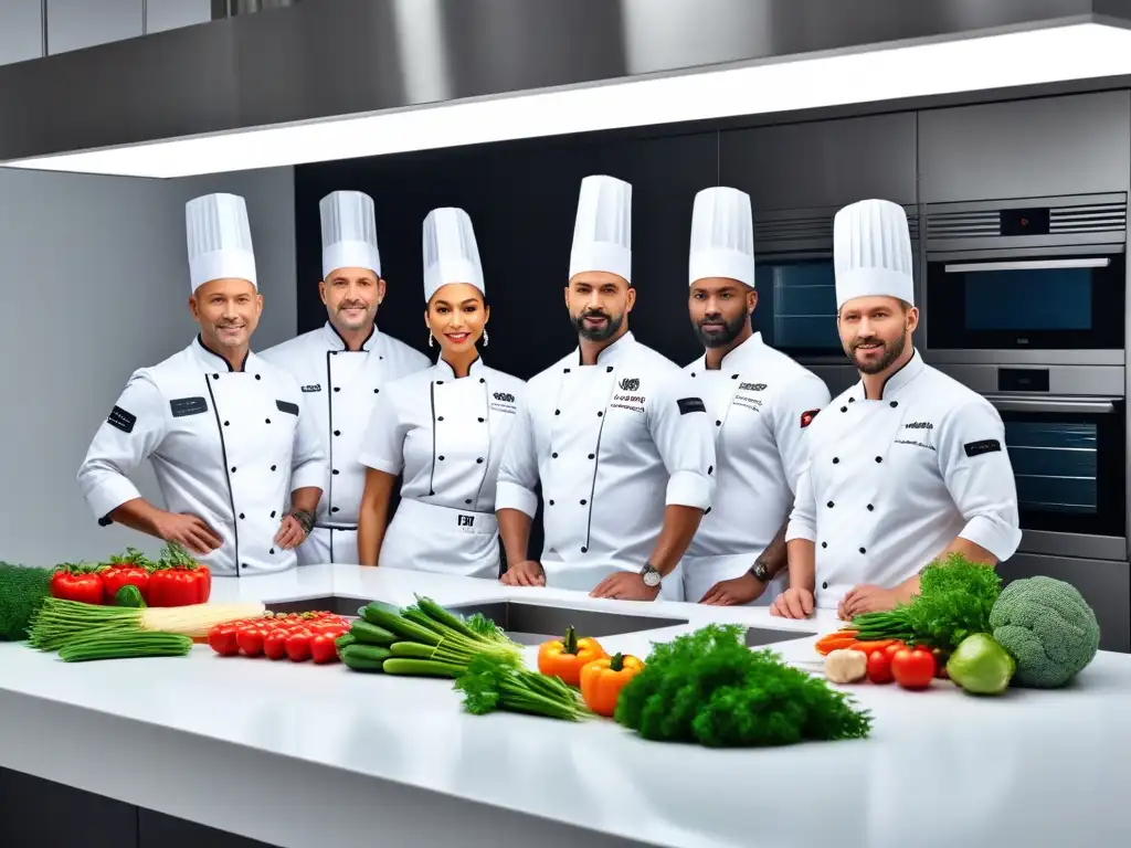 Un grupo de chefs profesionales en un cocina moderna, cortando vegetales frescos