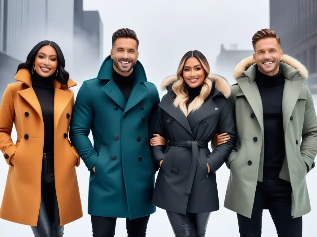 Moda invernal vegana: Abrigos eco-fashion para un invierno cruelty-free Grupo diverso sonriendo con abrigos veganos en nieve urbana