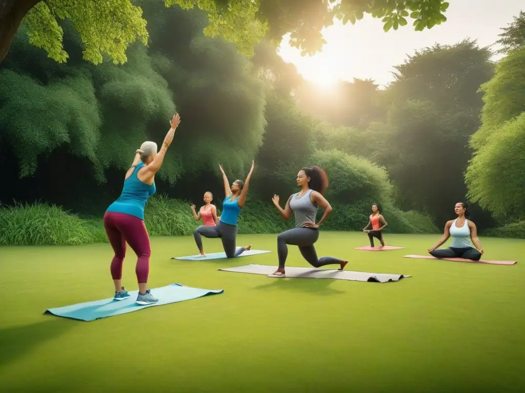 Grupo diverso disfruta actividades al aire libre en parque verde, demostrando vitalidad y energía con planificación nutricional vegana salud