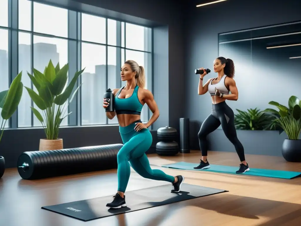 Un grupo diverso disfruta de actividades físicas en un gimnasio futurista, tomando batidos de proteínas de soya