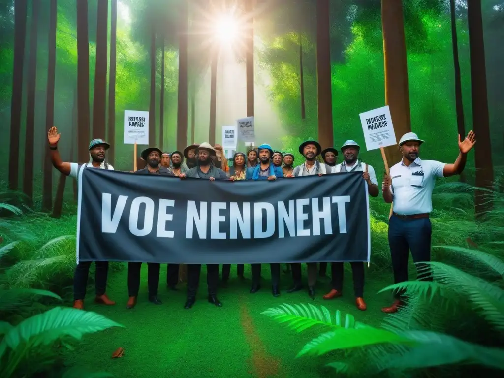 Un grupo diverso de activistas ambientales apasionados en un bosque verde, sosteniendo pancartas coloridas con mensajes proambientales