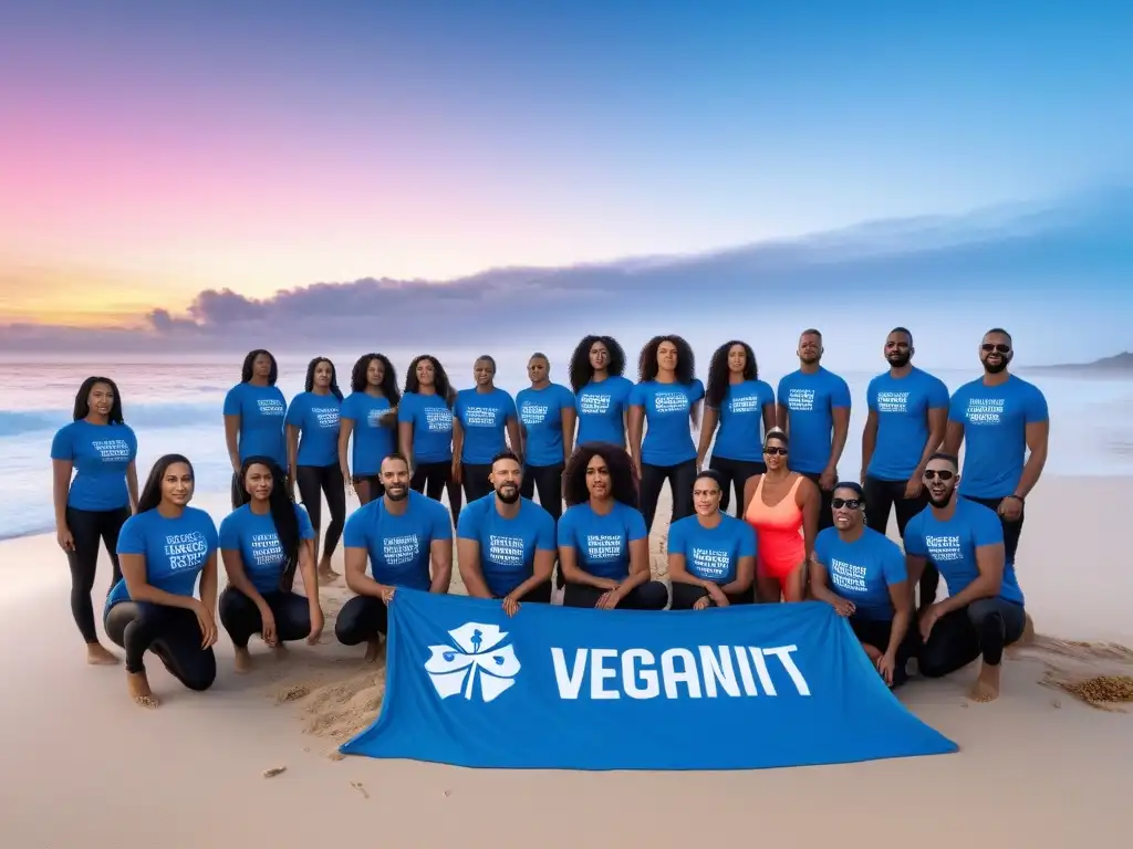 Un grupo diverso de activistas apasionados limpia la playa con ropa ecofriendly de 'Vegan Activist'