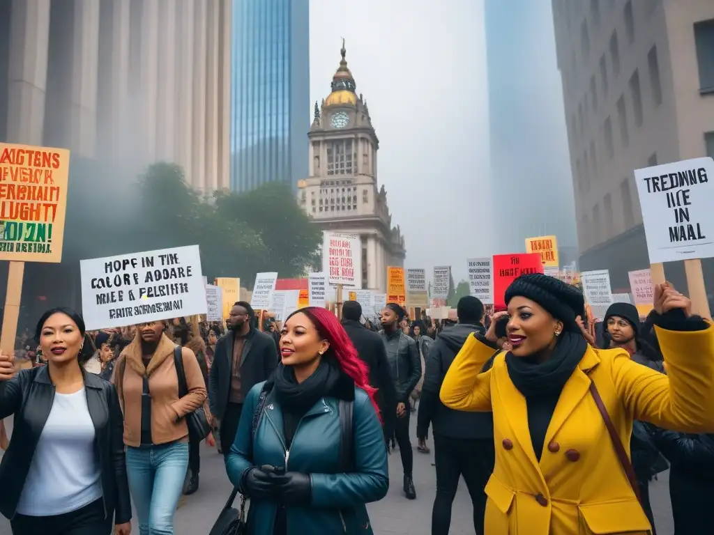 Un grupo diverso de activistas sostiene carteles coloridos con mensajes de activismo vegano y derechos animales frente a un ayuntamiento