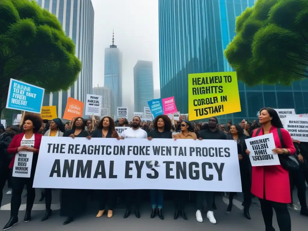 Grupo diverso de activistas sostienen carteles por los derechos animales en plaza urbana