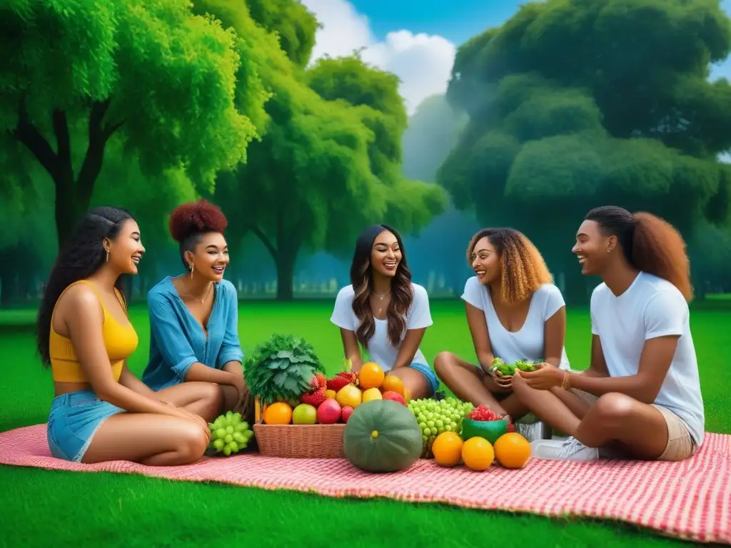 Un grupo diverso de adolescentes felices disfrutando de una alimentación vegana en un picnic en el parque