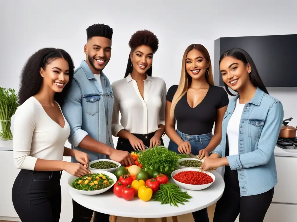 Un grupo diverso de adolescentes sonrientes preparando platos veganos en una cocina moderna y colorida