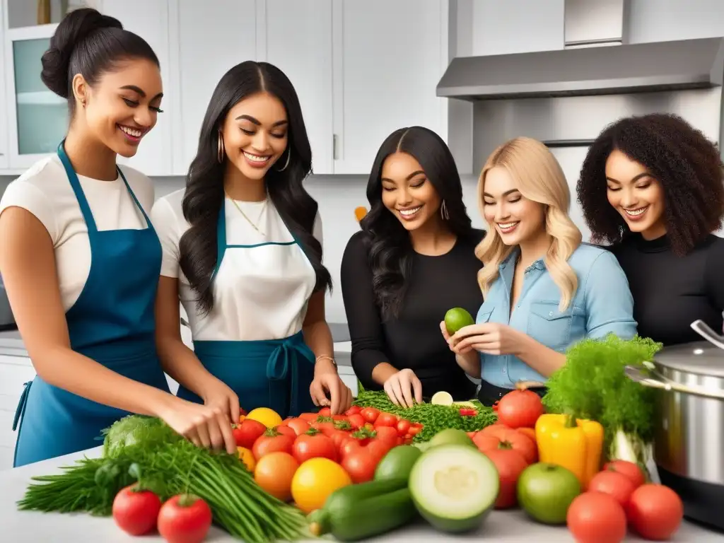 Un grupo diverso de adolescentes veganos prepara y disfruta de una comida vegana colorida y nutritiva en una cocina moderna y luminosa