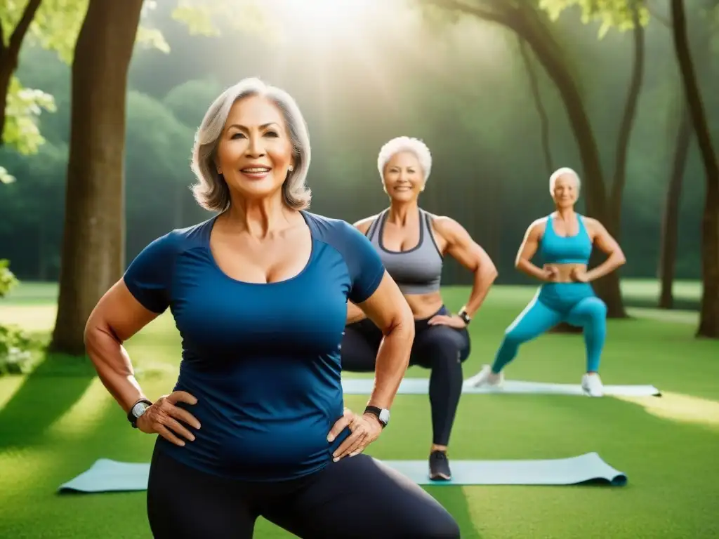 Un grupo diverso de adultos de mediana edad practicando yoga, trotando y andando en bicicleta en un parque verde, transmitiendo vitalidad y comunidad