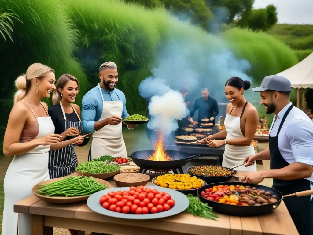 Un grupo diverso disfruta de una alegre cocina vegana al aire libre con frutas y vegetales frescos a la parrilla