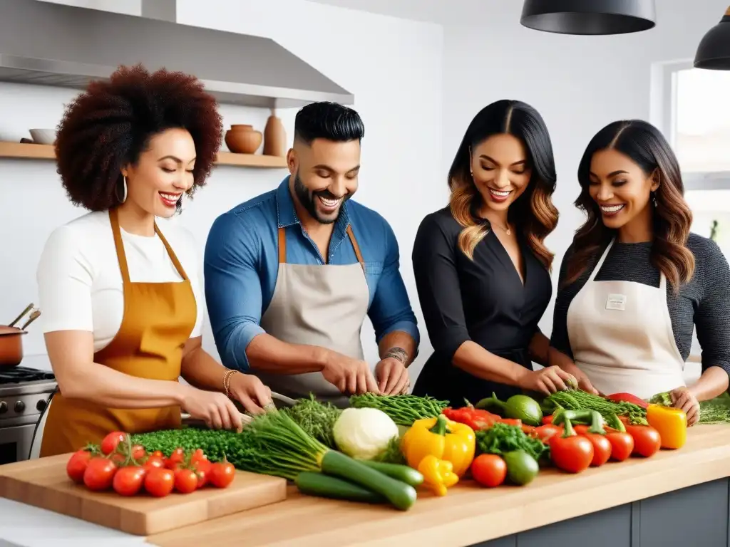 Un grupo diverso y alegre cocina en una cocina moderna llena de ingredientes veganos