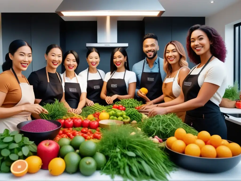 Un grupo diverso y alegre cocina en una cocina vegana sostenible, rodeados de frutas, verduras y hierbas coloridas