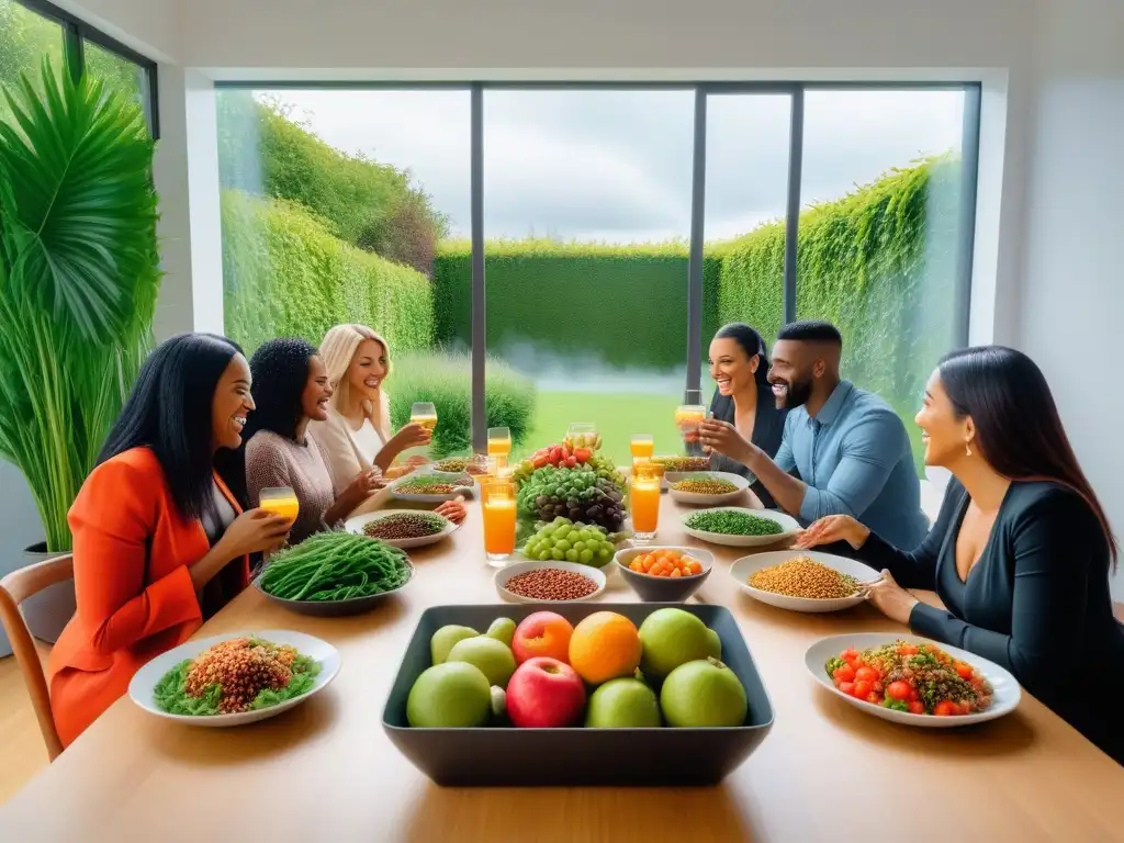 Un grupo diverso y alegre disfruta de una comida vegana nutritiva en un ambiente armonioso y acogedor