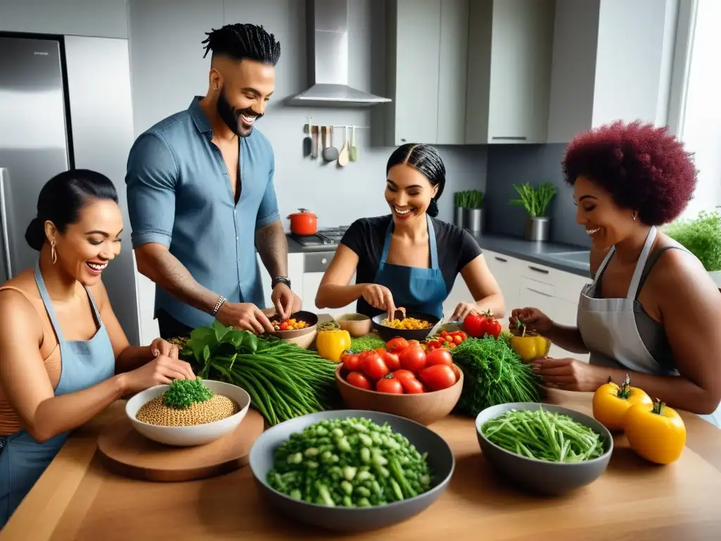 Un grupo diverso y alegre prepara y comparte una comida vegana en una cocina moderna y luminosa, resaltando ingredientes frescos y coloridos