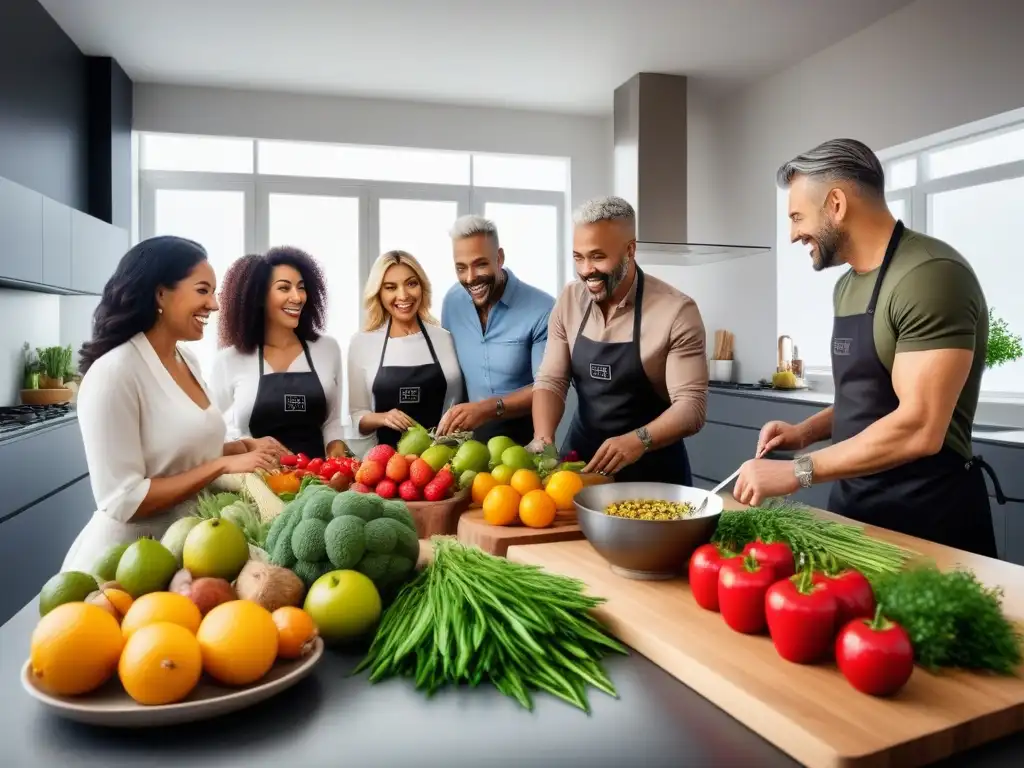 Un grupo diverso y alegre cocinando y compartiendo comidas veganas en una cocina moderna llena de coloridas frutas y verduras