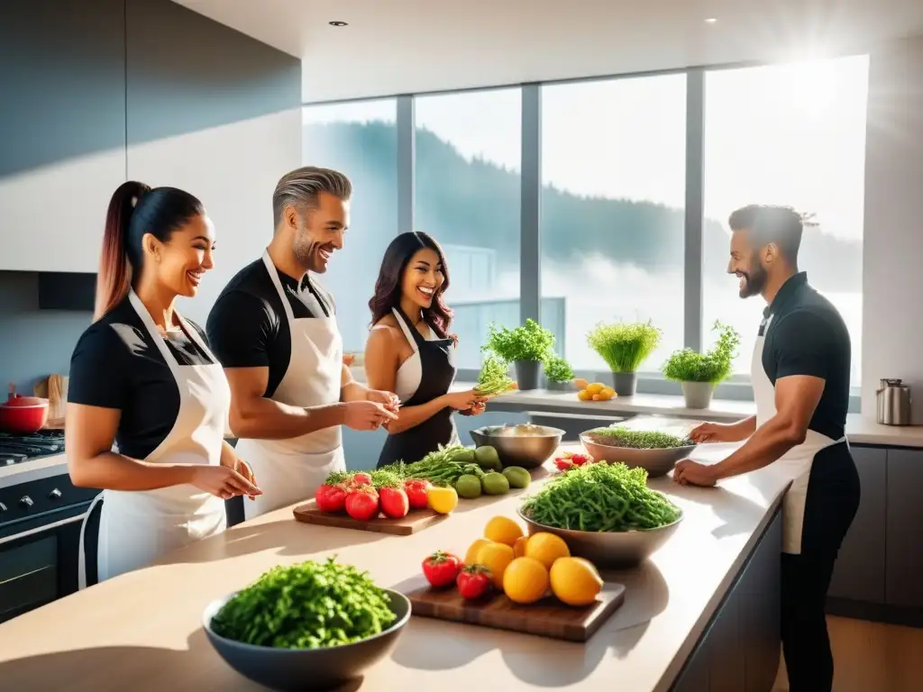 Un grupo diverso y alegre preparando delicias veganas en una cocina moderna y llena de vida