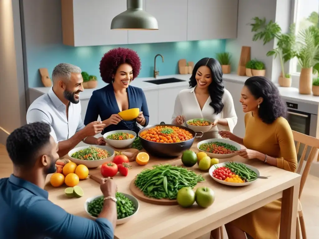 Un grupo diverso y alegre preparando y disfrutando juntos de una colorida comida vegana en una cocina moderna y luminosa