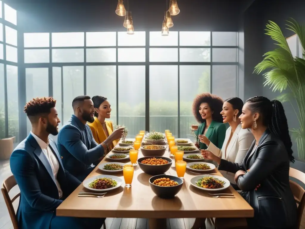 Un grupo diverso con alergias alimentarias disfruta platos veganos en un restaurante trendy