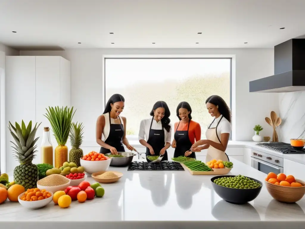 Un grupo diverso disfruta de alimentos ricos en hierro en una cocina moderna, colaborando y disfrutando de una comida saludable