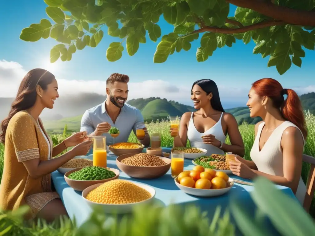 Grupo diverso disfruta alimentos veganos ricos en vitamina D bajo el sol