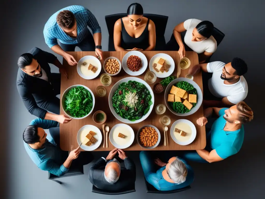 Grupo diverso disfrutando alternativas veganas para obtener calcio en mesa moderna y colorida