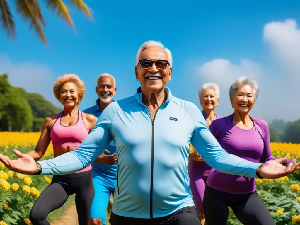 Un grupo diverso de ancianos activos y sonrientes disfrutando de actividades al aire libre, simbolizando los efectos rejuvenecedores de la dieta vegana en el envejecimiento saludable