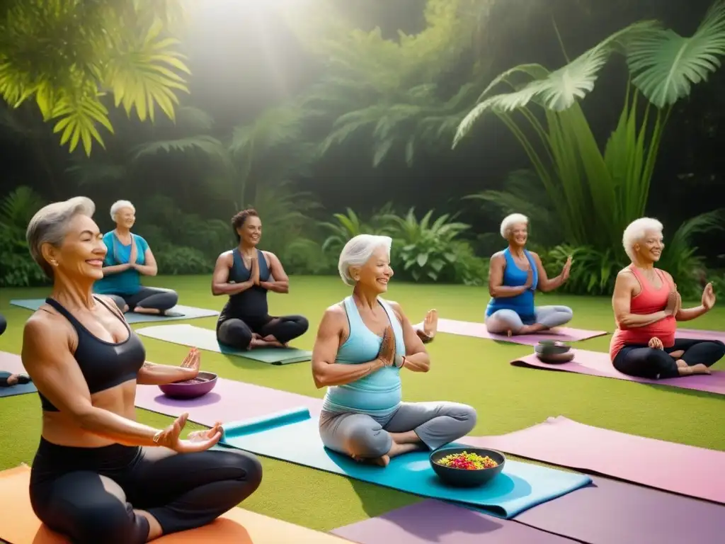 Un grupo diverso de ancianos practicando yoga al aire libre rodeados de vegetación exuberante y bowls de smoothie veganos coloridos