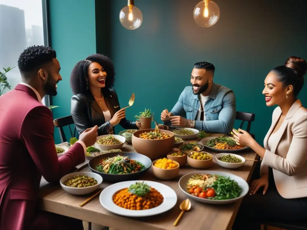 Un grupo diverso y animado disfruta de una comida vegana en un restaurante moderno y acogedor