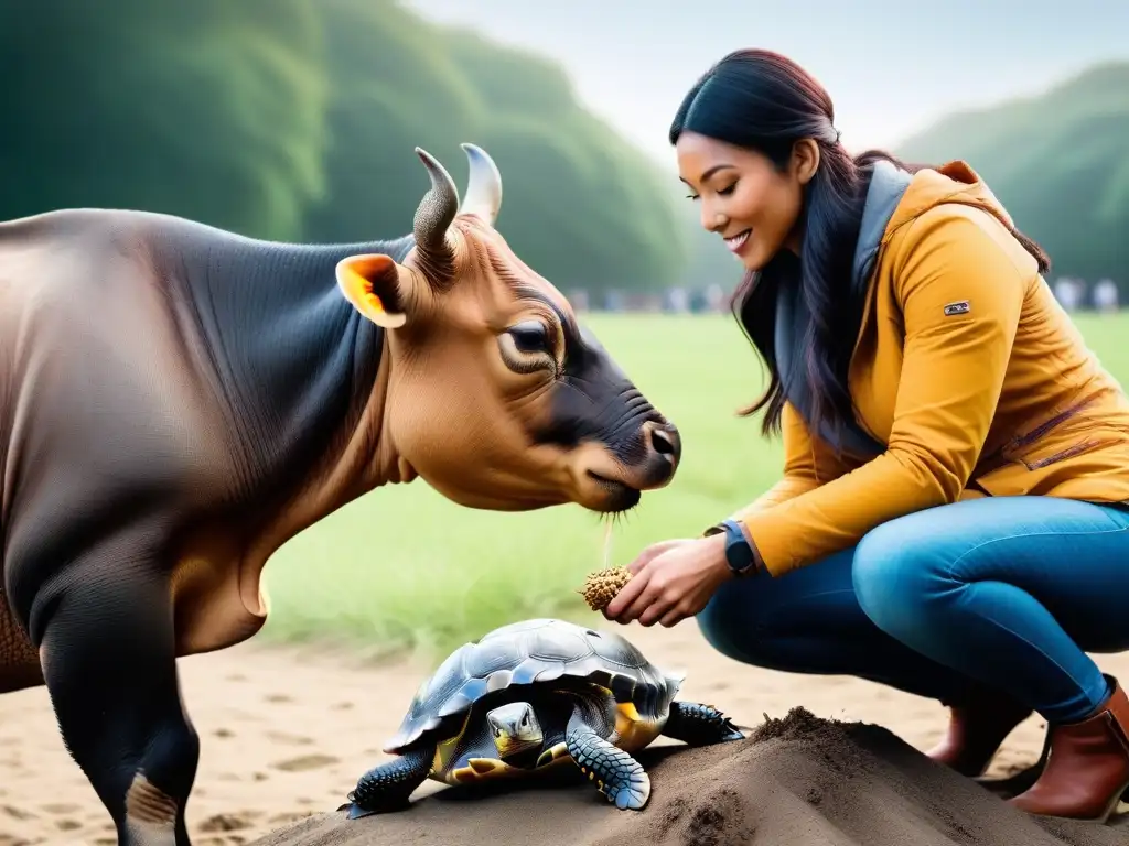 Compasión animal: diversidad y empatía en acción Un grupo diverso cuida animales con empatía, mostrando el impacto del veganismo en la percepción social