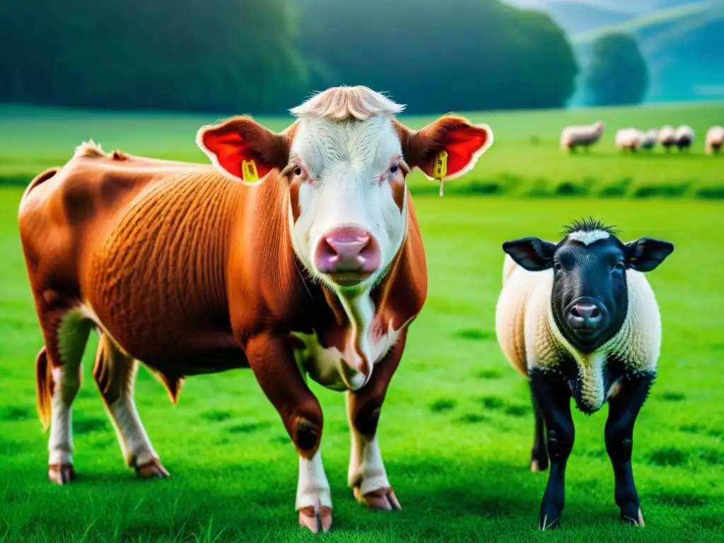 Un grupo diverso de animales - vaca, cerdo, gallina y oveja - miran al espectador con ojos amables en un prado verde y cielo azul