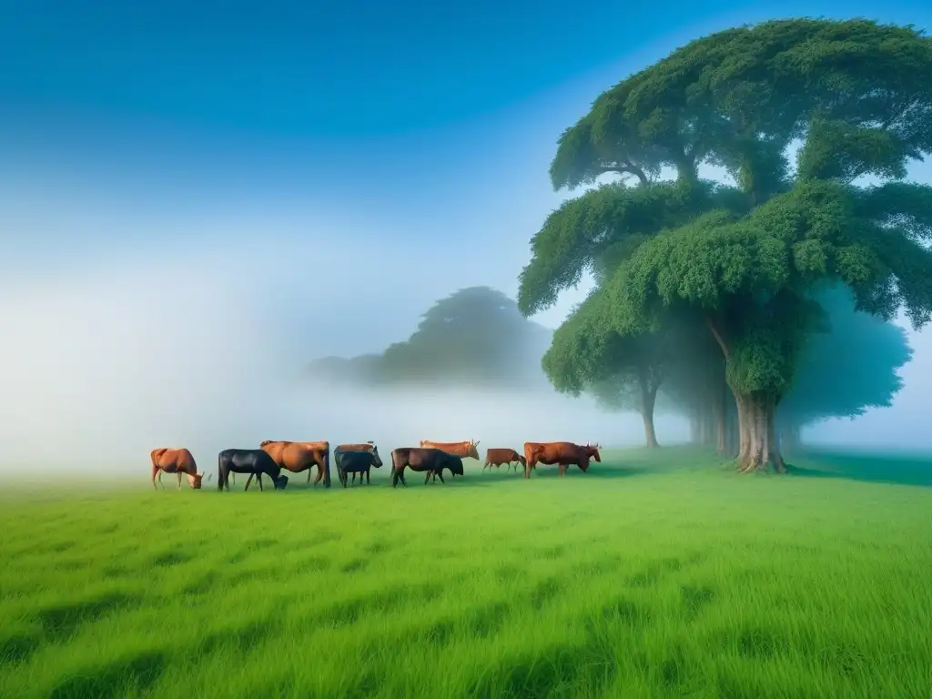 Un grupo diverso de animales felices y saludables pastando libremente en un prado verde, bajo un cielo azul claro