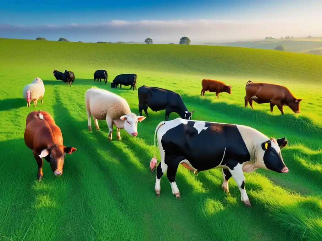 Un grupo diverso de animales de granja felices y saludables disfrutando de una pradera verde bajo un cielo azul