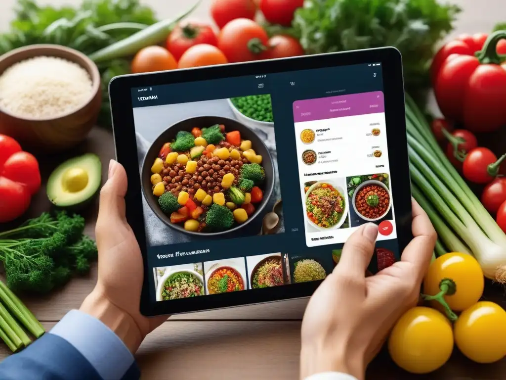 Grupo diverso disfruta app planificación menús veganos 2023 en dispositivos modernos en cocina trendy