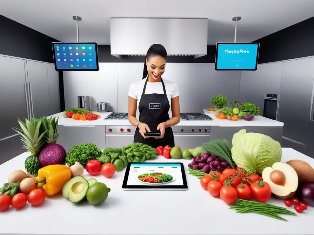 Un grupo diverso usa apps para cocina vegana saludable en una cocina futurista con tecnología