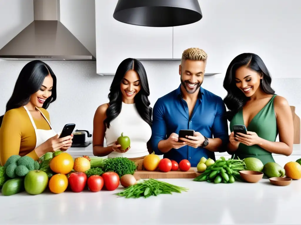 Grupo diverso disfruta apps veganas equilibrio nutricional en cocina moderna