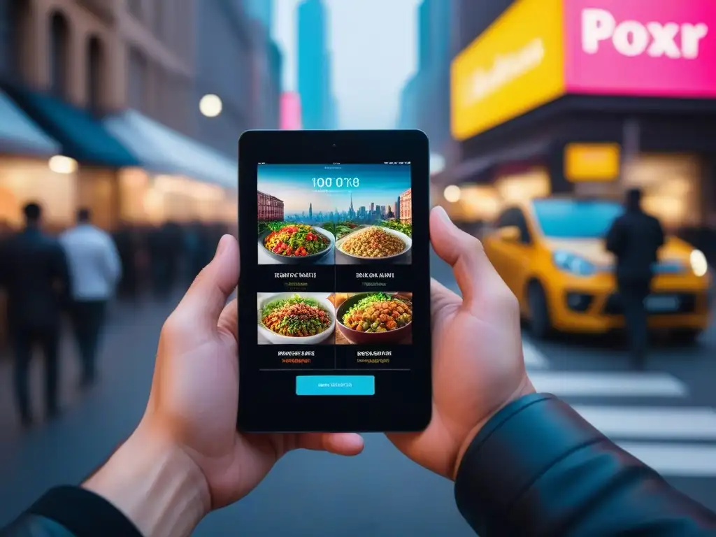 Grupo diverso usando apps veganas para conteo calorías en ambiente urbano moderno